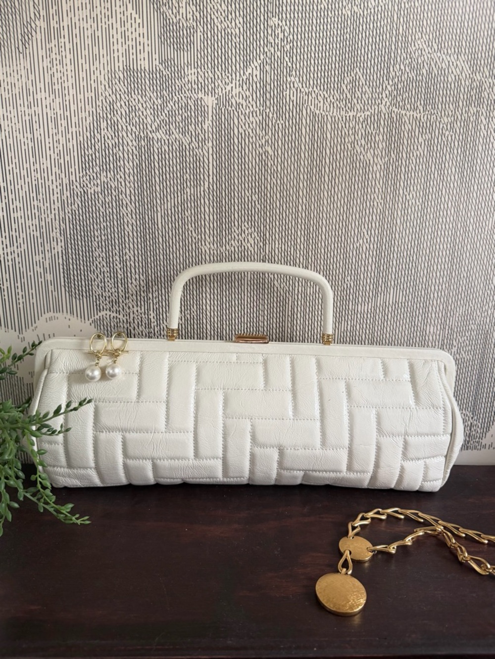 Hobo International White White Quilted Patent Leather Clutch Baguette Bag